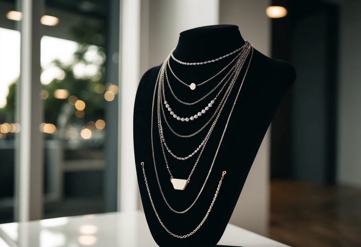 A display of layered necklaces on a black velvet bust, with various lengths and styles, catching the light in a modern, minimalist setting