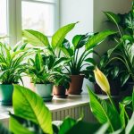 Lush indoor plants, such as spider plants and peace lilies, fill a sunlit room, their vibrant green leaves purifying the air
