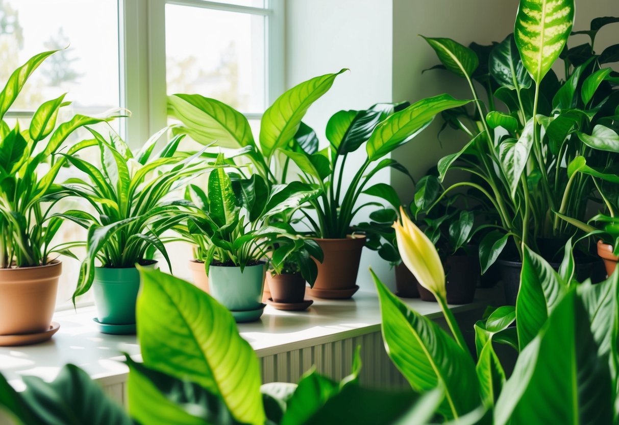 Lush indoor plants, such as spider plants and peace lilies, fill a sunlit room, their vibrant green leaves purifying the air