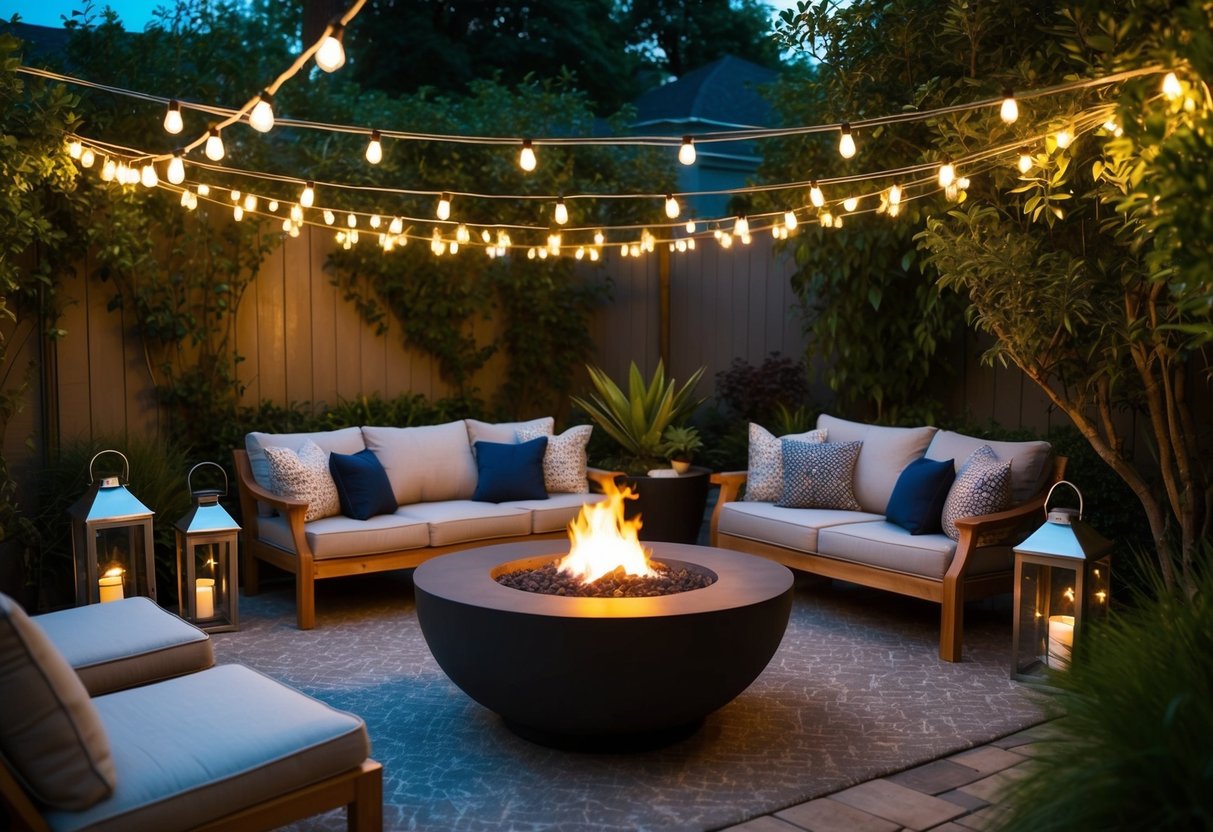 A cozy backyard oasis with string lights, lanterns, and a glowing fire pit surrounded by comfortable seating and lush greenery