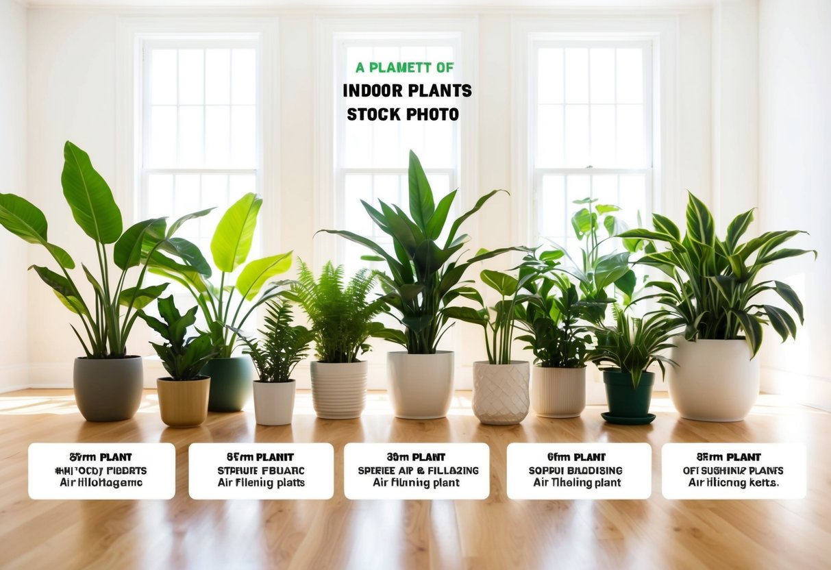 A variety of indoor plants arranged in a bright, airy room, with each plant labeled with its specific air filtering capabilities