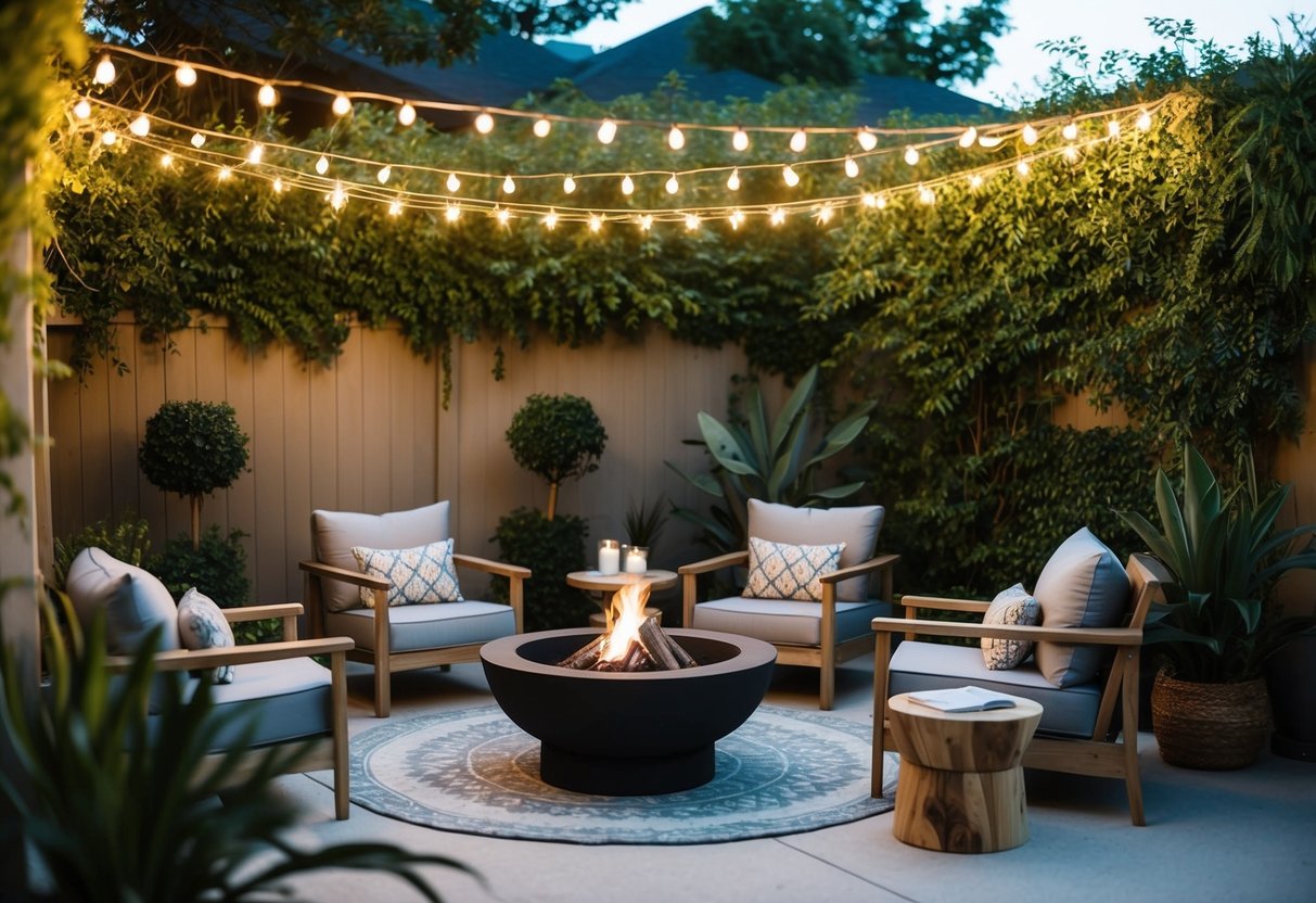 A backyard oasis with a cozy seating area, surrounded by lush greenery and twinkling string lights, featuring a DIY fire pit and a handmade wooden table