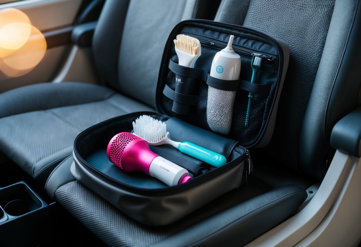 A compact travel bag open on a seat, with neatly organized personal care gadgets spilling out, including a mini hairdryer, foldable toothbrush, and portable facial steamer