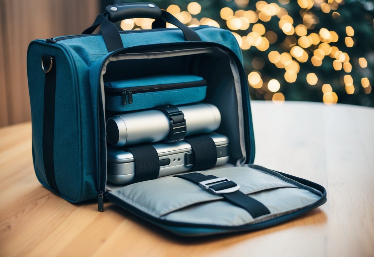 A secure travel bag open, revealing neatly organized gadgets and essentials for a journey
