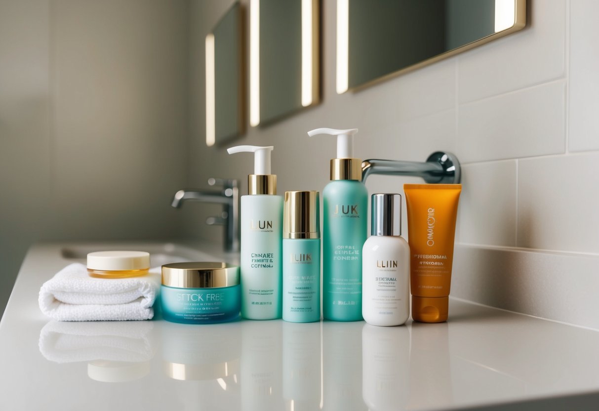 A serene bathroom countertop with a collection of skincare products, including exfoliating scrub, moisturizer, and sunscreen, arranged neatly in a minimalist style