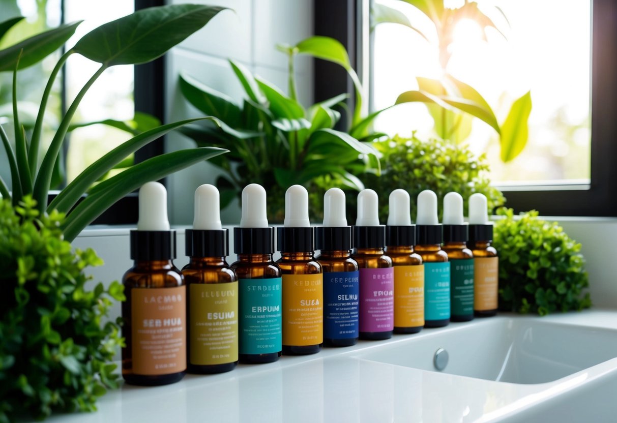 A serene bathroom counter with a lineup of colorful serum bottles, surrounded by lush green plants and natural light streaming in from a window