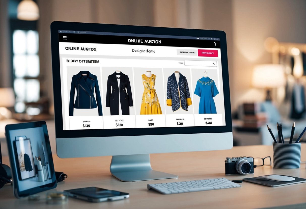 A computer screen displaying an online auction platform with designer items, a bidding section, and a timer ticking down. Various items such as clothing, accessories, and home decor are shown