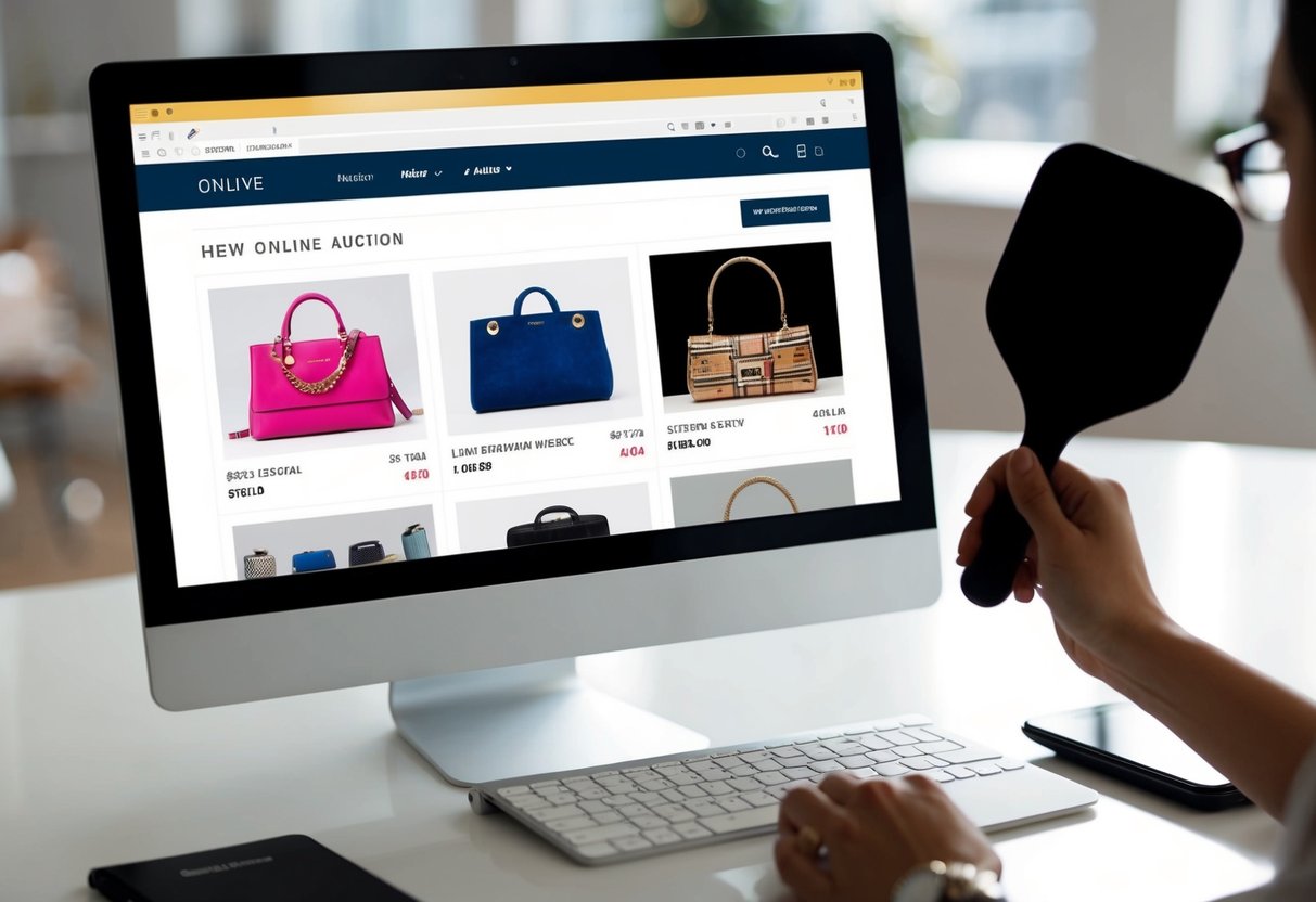 A computer screen displaying an online auction website with various designer items up for bidding. A hand-held bidding paddle sits nearby