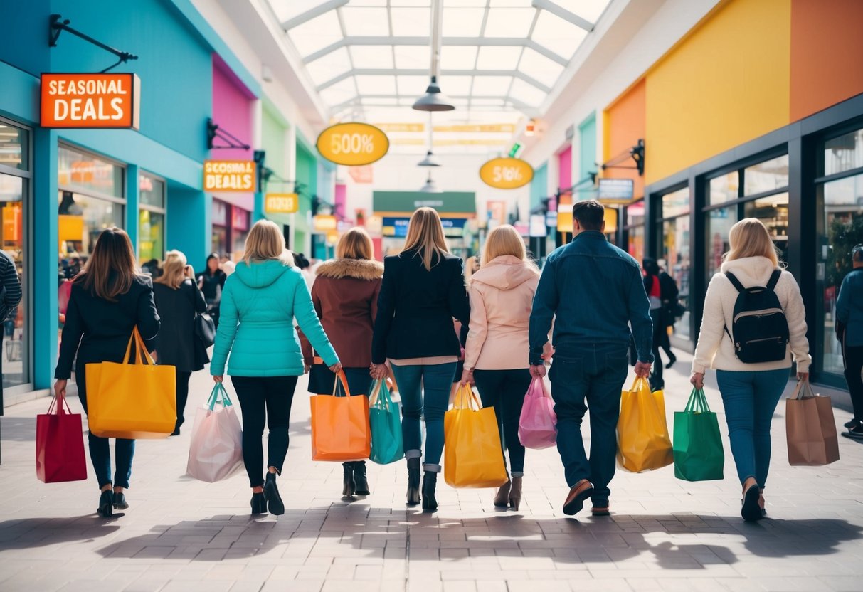 A bustling outlet mall with colorful storefronts and shoppers carrying bags filled with discounted items. Bright signs advertise seasonal deals