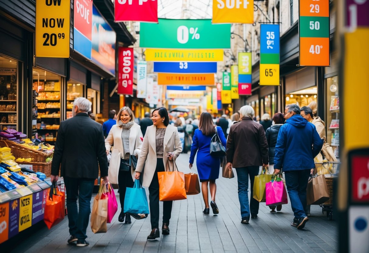 A bustling marketplace with colorful banners and signs advertising discounts. Shoppers carrying bags and browsing through various stores