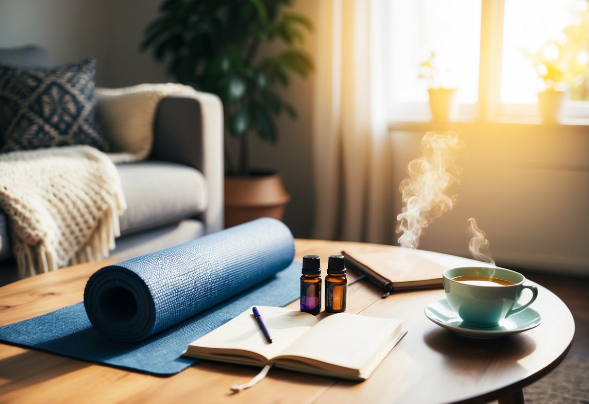 A serene and cozy living room with a yoga mat, essential oils, a journal, and a cup of herbal tea on a wooden table. Sunlight streams in through the window, creating a peaceful atmosphere for the Sunday reset routine
