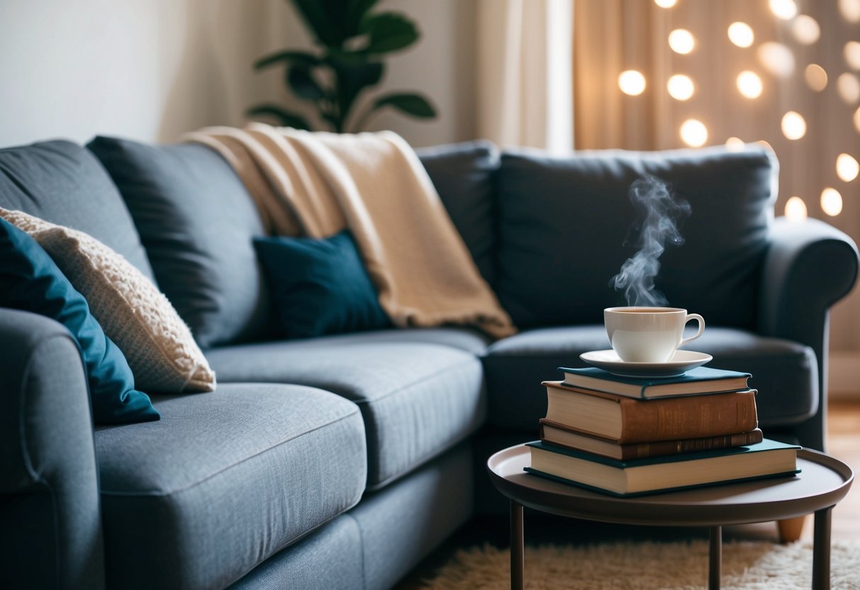 A cozy living room with a large, comfortable sofa, a warm cup of tea on a side table, a stack of books, and a soft blanket draped over the back of the sofa