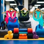 A colorful array of activewear items arranged in a stylish and modern gym setting, showcasing trendy and functional fitness fashion