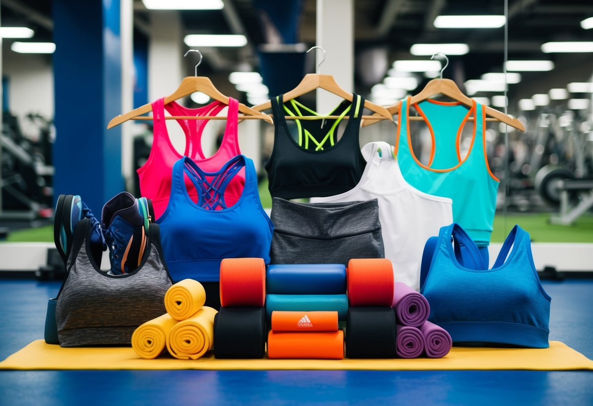 A colorful array of activewear items arranged in a stylish and modern gym setting, showcasing trendy and functional fitness fashion
