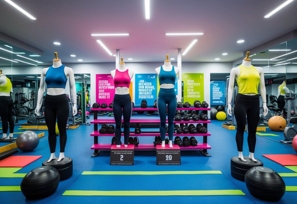 A vibrant gym setting with stylish activewear displayed on mannequins and shelves, surrounded by modern fitness equipment and colorful motivational posters
