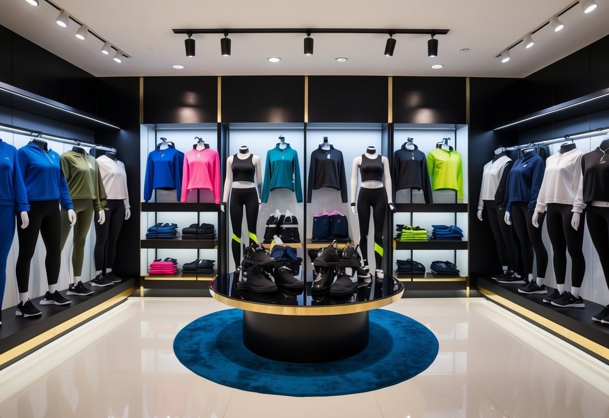 A sleek and modern activewear store with stylish, durable clothing displayed on mannequins and shelves. Bright lighting and trendy decor create a fashionable atmosphere