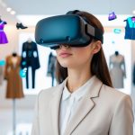A virtual reality headset worn in a futuristic fashion store, with digital clothing and accessories floating in the air for customers to interact with