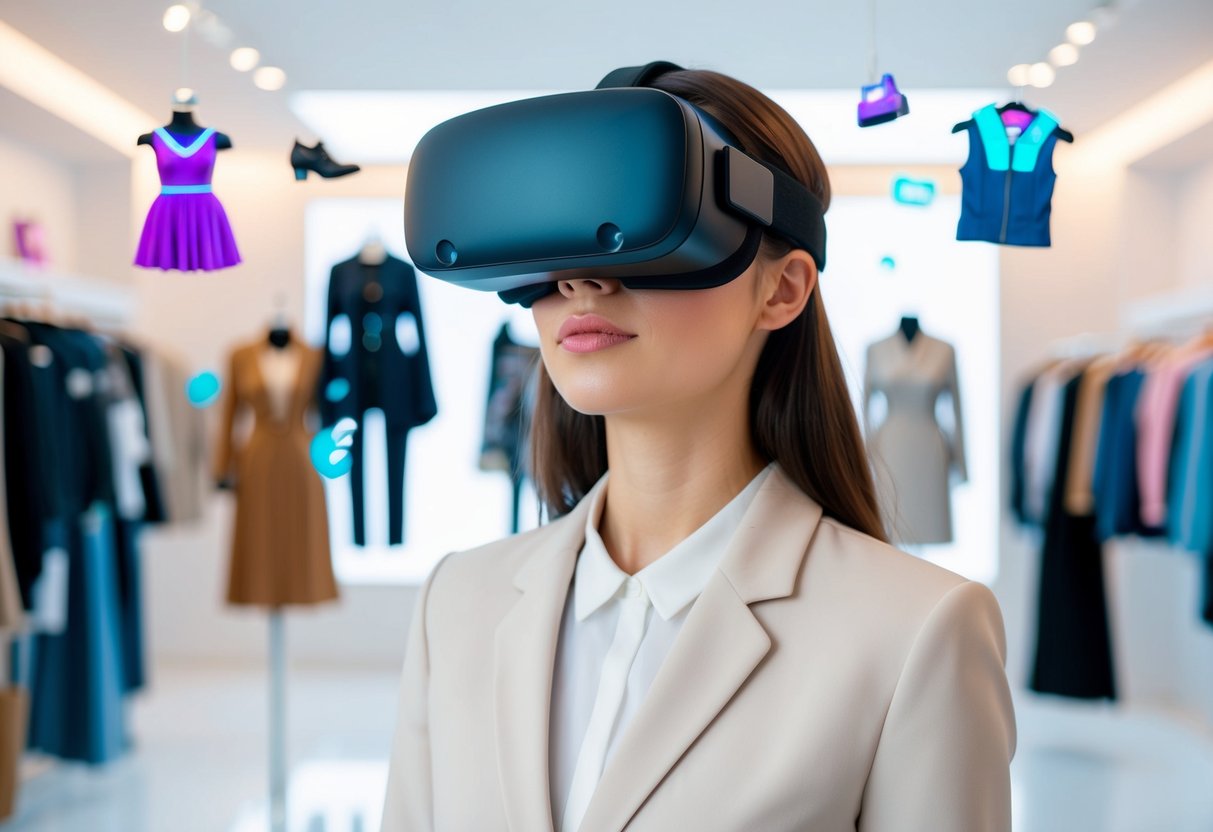 A virtual reality headset worn in a futuristic fashion store, with digital clothing and accessories floating in the air for customers to interact with