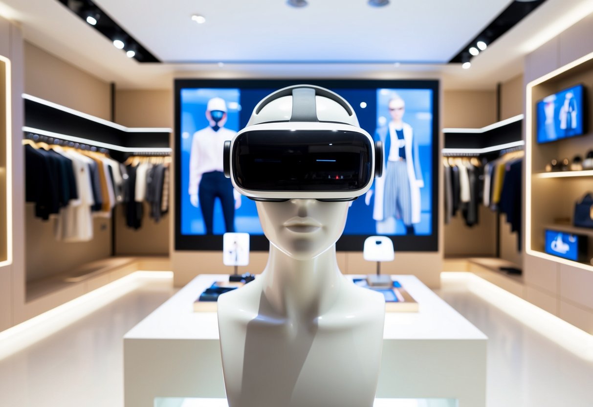 A futuristic virtual reality headset is being worn by a mannequin in a high-end fashion store, surrounded by digital displays of clothing and accessories