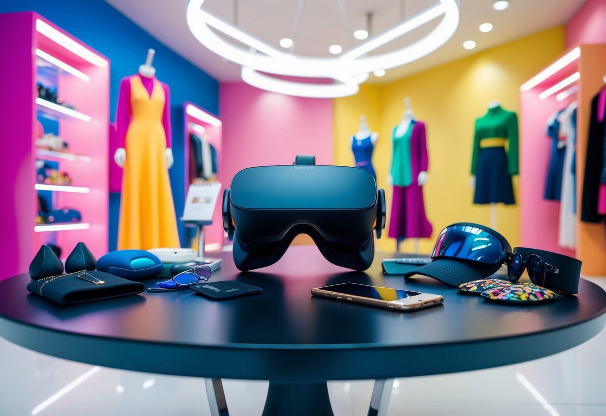 A virtual reality headset is placed on a sleek, modern table surrounded by colorful, futuristic fashion items and accessories. The VR environment showcases a digital fashion store with interactive features