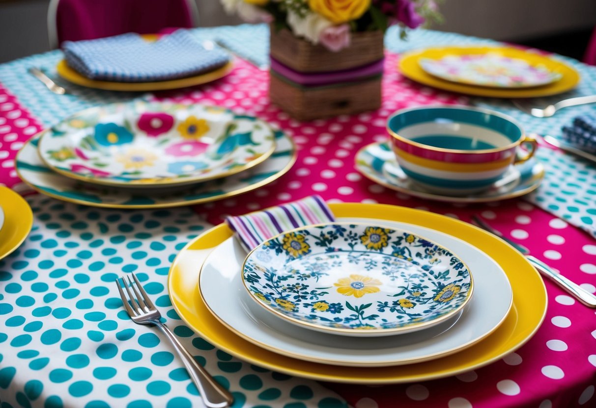 A table set with various patterned fabrics and objects, such as floral plates, striped napkins, and polka dot tablecloth