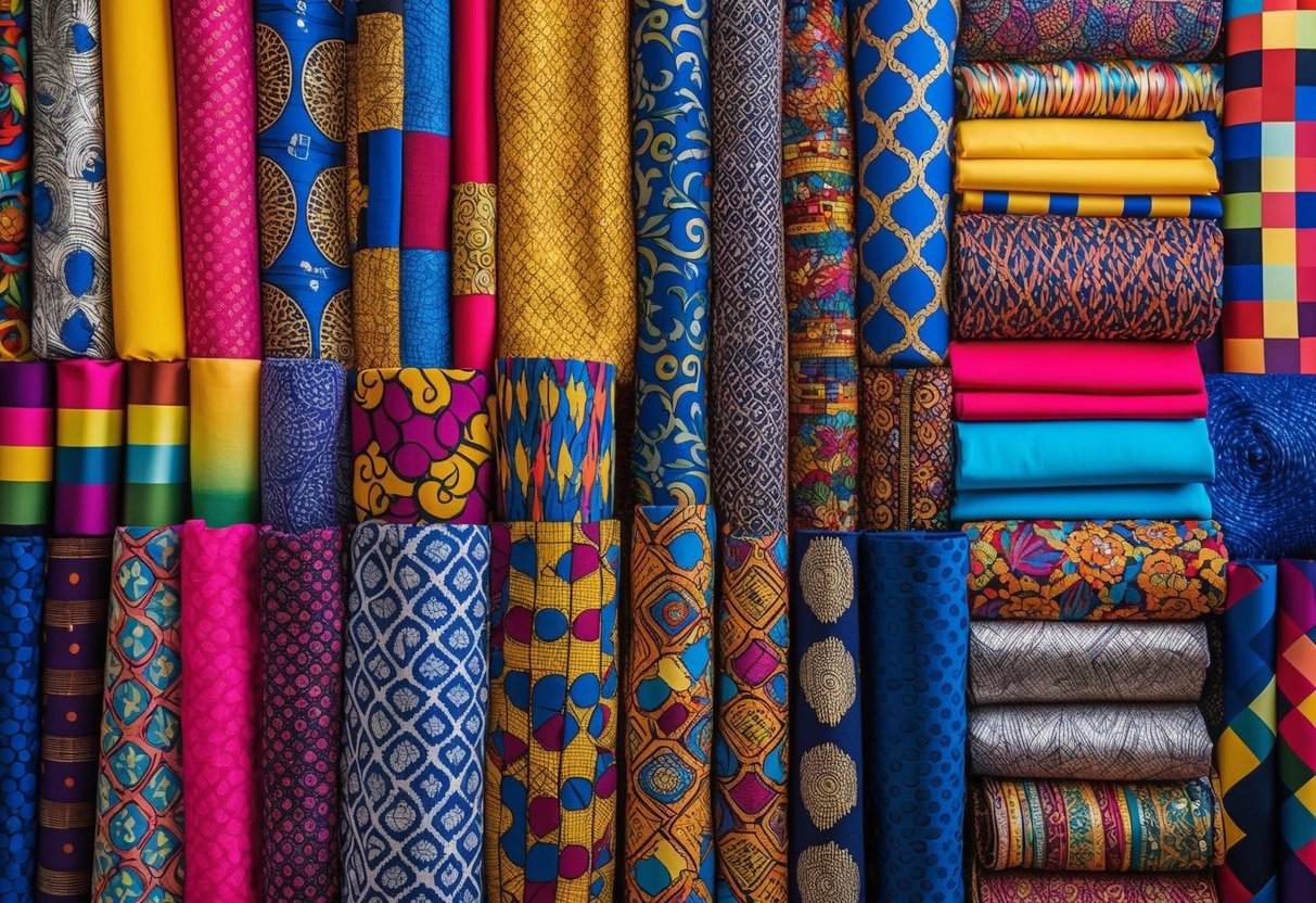 A vibrant array of patterned fabrics and textures arranged in an artistic display. Bold colors and intricate designs create a visually stimulating composition