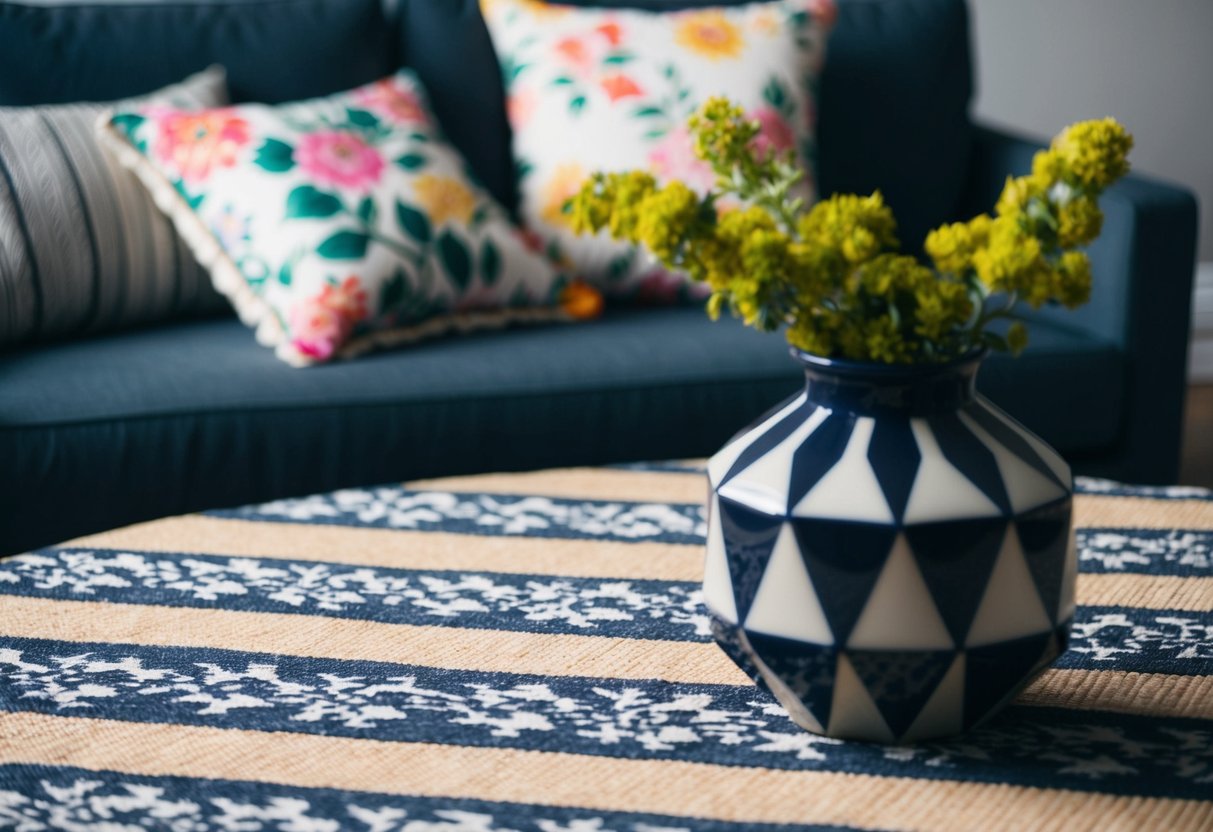 A table with a mix of patterned accessories: a striped rug, floral throw pillows, and a geometric vase on a patterned tablecloth
